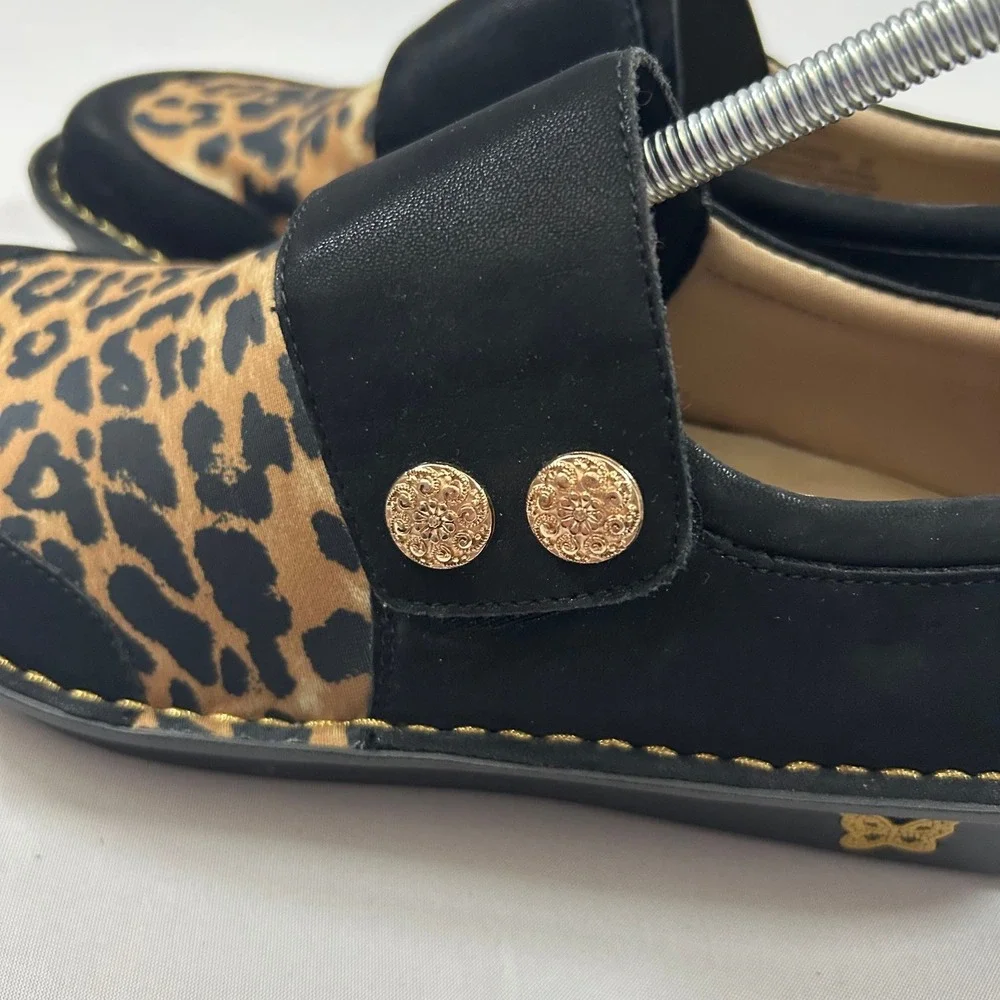Alegria Loafers Womens 37 / 7 Black Sarah Leopard Animal Print Leather Hook Loop - Picture 6 of 11